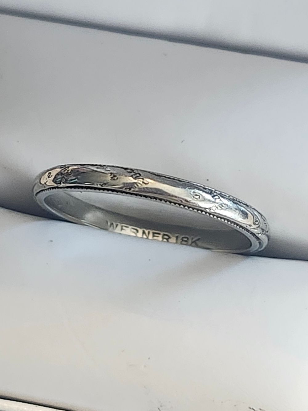Antique Art Deco 18K White Gold Werner Engraved Wedding Band - Size 6.5